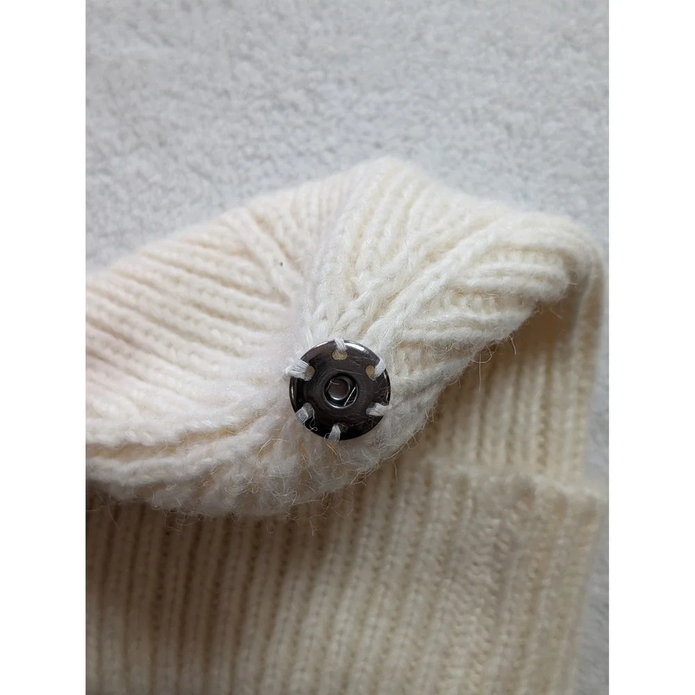 Anthropologie Cream Ribbed Knit Beanie Ivory Wool Blend Winter‎ Hat Snap Top